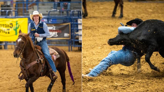 A side by side photo collage of two rodeo competitors.